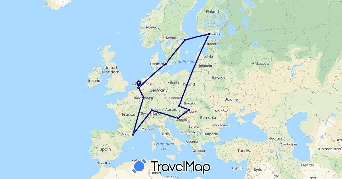 TravelMap itinerary: driving in Austria, Switzerland, Denmark, Finland, France, Croatia, Hungary, Luxembourg, Netherlands, Sweden (Europe)
